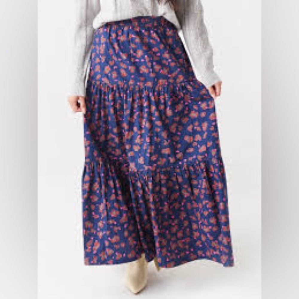 Oliphant Navy Maxi Skirt with Pink Floral Print
